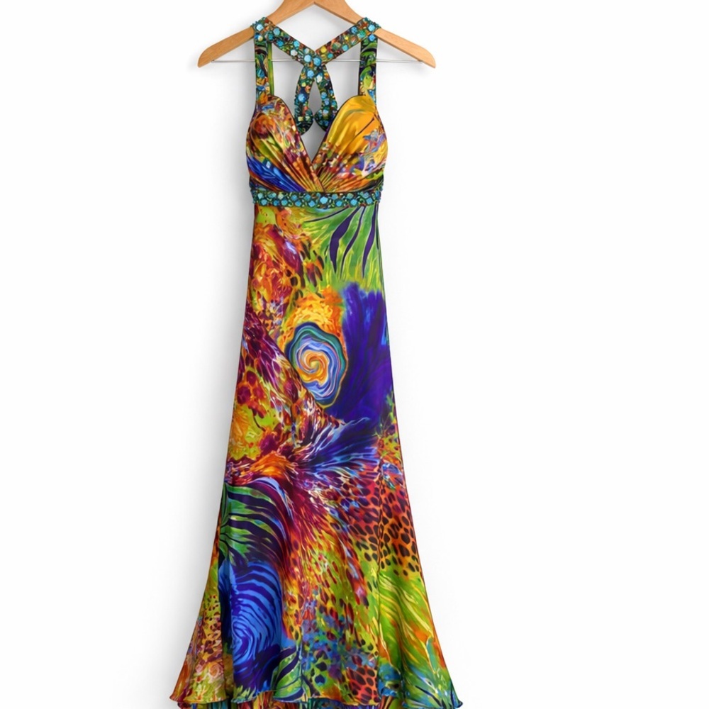 Niki Livas 100% Silk Beaded Jewel Halter Prom Gown Psychedelic Glam Xs